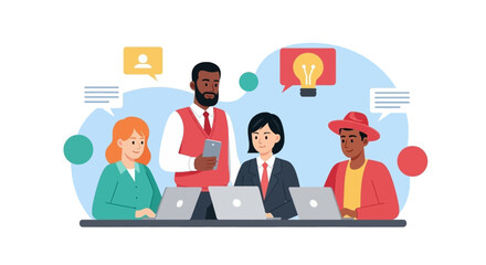 A diverse team of professionals engages in a collaborative brainstorming session, sharing innovative ideas and discussing strategies in a modern office environment.