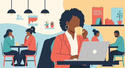 A professional Black woman focused on her laptop while enjoying a warm beverage in a vibrant, modern cafe environment, embodying remote work and productivity.