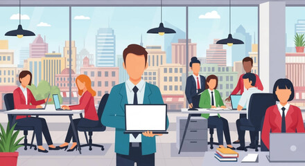 A confident male professional displays a blank screen laptop in a vibrant, modern office, surrounded by diverse colleagues collaborating effectively.