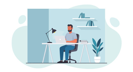 A bearded man diligently works on his laptop at a minimalist home office desk, embracing the modern remote work lifestyle.