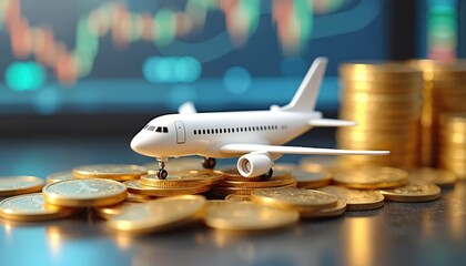 White airplane model rests on stacks of gold coins. Blurred background displays financial stock market chart with rising trends. Concept for travel costs, aviation finance, or investment.