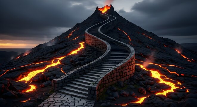 Spiraling Stone Staircase on Steep Volcanic Hill with Glowing Lava Cracks - Powered by Adobe