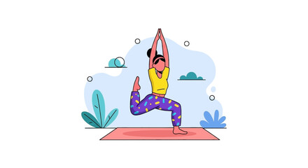 A vibrant flat illustration depicts a woman gracefully performing a challenging yoga pose on a mat, promoting wellness, balance, and a healthy lifestyle.