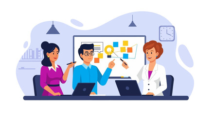 Business team collaborating and brainstorming ideas in a modern office, discussing project strategies and solutions on a whiteboard with sticky notes and charts.