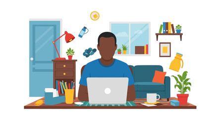A focused man works on a laptop at his desk in a modern home office, surrounded by everyday objects and a comfortable living space.