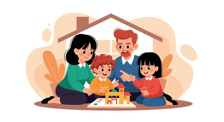 A happy family of four is depicted playing together with building blocks inside their home, showcasing a warm and loving environment, full of joy and laughter.