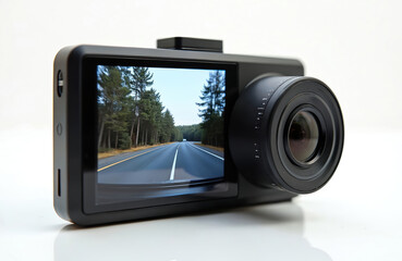 Dashcam records road view from windshield. Compact black device captures driving incidents, ensuring safety, evidence. Features clear lens, parking monitor, audio recording for transport security.
