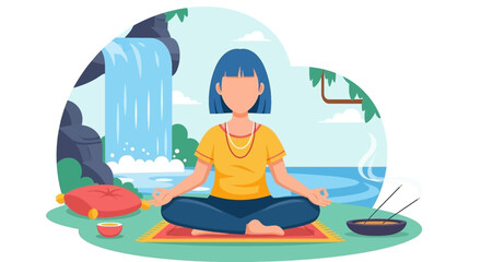 A young woman meditates peacefully in a serene outdoor setting, finding inner peace and balance near a cascading waterfall and lush greenery.