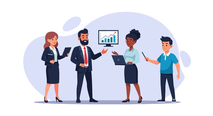 A diverse team of business professionals collaborates around a computer screen, analyzing financial data and discussing strategies for corporate growth and success.