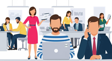 Diverse business team working collaboratively in a modern office environment, utilizing laptops and engaging in phone conversations to achieve company goals.