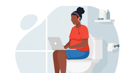 A person wearing headphones works on a laptop while seated on a toilet, humorously depicting the challenges and blurred boundaries of modern remote work.