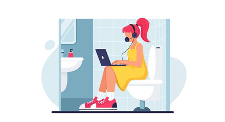 A young woman wearing headphones works on her laptop while sitting on the toilet, showcasing the challenges of remote work and work-life balance.
