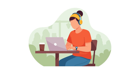 A vibrant vector illustration depicts a focused female student or remote worker using a laptop and headphones outdoors.
