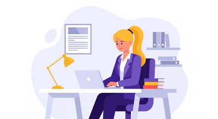 A young businesswoman sits at her desk, focused on her laptop, working efficiently in a modern, organized office space, showcasing professionalism and productivity.