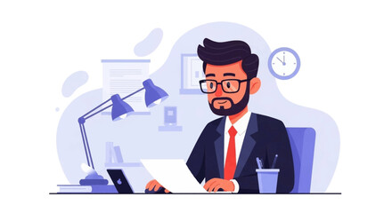 A young businessman wearing glasses and a suit is diligently reviewing documents at his desk, illuminated by a desk lamp in a modern office setting.