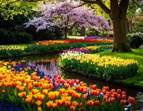 Colorful spring garden with blooming flowers and a canal
