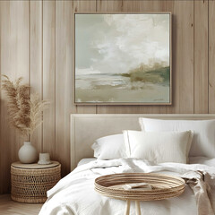 Abstract art painting in neutral colors with white and sage green tones on a light wood wall above a bed with a woven basket tray textured linen cushion and a r