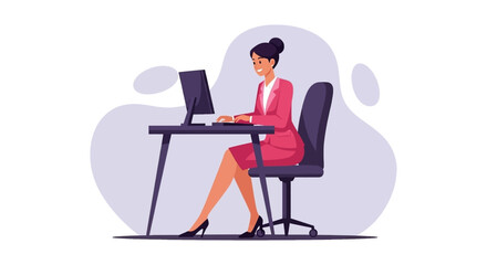 A cheerful businesswoman in a pink suit works at her desk, typing on a computer in a modern, minimalist office setting, showcasing productivity and professionalism.