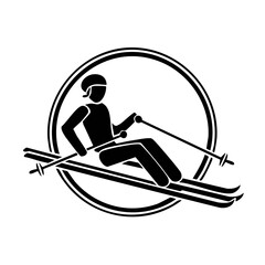 Skier silhouette icon with skis and poles in circular frame winter sport downhill action