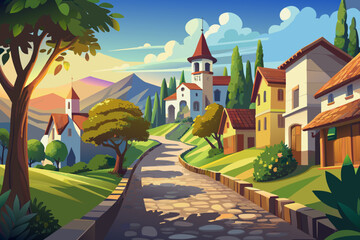 vector of A view of the pavement that ends in a beautiful village where the sun shines...