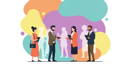 Diverse business people networking and collaborating in a modern and abstract setting, exchanging ideas and building connections.