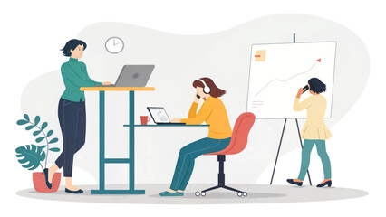 A vibrant illustration of women collaborating in a contemporary office setting, utilizing technology for productive work and efficient data analysis.