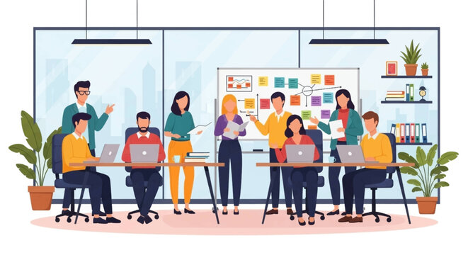 A dynamic team of diverse business professionals collaborates in a modern office, actively brainstorming and strategizing on a new project to achieve corporate success.