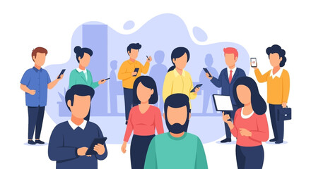 A diverse group of modern individuals are depicted engaging with their mobile devices, illustrating contemporary digital communication and online social interaction.