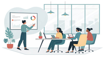 A diverse group of business professionals engages in a collaborative meeting, analyzing data and discussing strategies in a contemporary office environment.