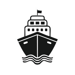 Obraz premium Front view stylized black and white icon of a cruise ship sailing on waves