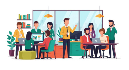 A vibrant, modern office space bustles with diverse professionals collaborating on projects, fostering teamwork and innovation in a contemporary work environment.