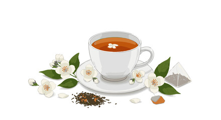 An illustration of a white teacup filled with herbal jasmine tea, decorated with blossoms and a tea bag