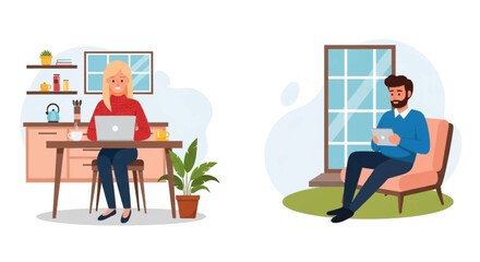 Illustrating contemporary digital lifestyles, one scene shows a woman productively working on her laptop, while another depicts a man relaxing with a tablet at home.