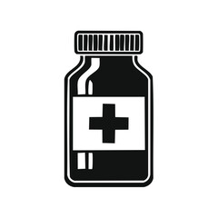 Fototapeta premium Black and white illustration of a medicine bottle with a medical cross symbol.
