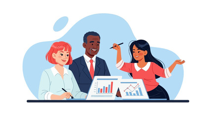A diverse team of business professionals collaborates on data analysis and strategic planning, depicted in a modern flat vector illustration.