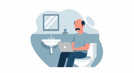 An illustration depicts a man with a mustache sitting on a toilet in a bathroom, intently using a laptop, symbolizing remote work habits and modern multitasking.