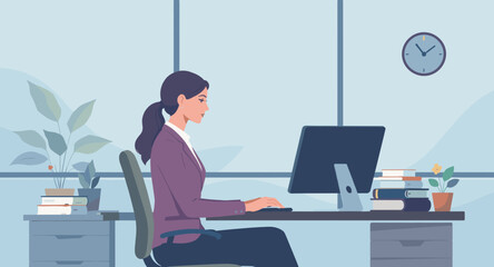A professional woman diligently works at her computer in a modern office environment, focusing on productivity and digital tasks.