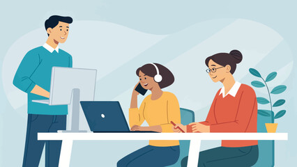 Diverse team collaborating effectively in a modern office setting, utilizing technology for productive teamwork and communication.