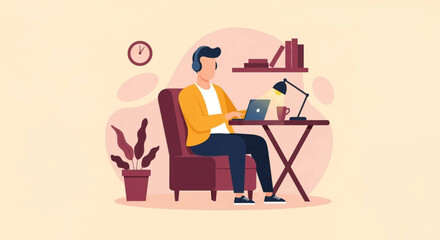 A flat design illustration of a man comfortably working on his laptop at a desk in a cozy home office, perfect for themes of remote productivity.