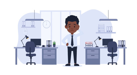 Fototapeta premium A young African American businessman stands sadly in his office, feeling stressed and overwhelmed by his workload, illustrating the challenges of modern office life and workplace pressure.