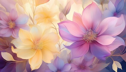 soft pastel floral pattern featuring translucent flowers in shades of pink yellow and purple