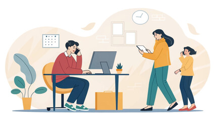 An illustration depicting a modern family navigating the complexities of remote work and digital communication from their busy home environment.