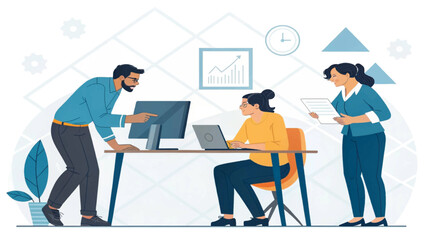 A team of three business professionals collaborates on a project in a modern office, utilizing computers and documents to analyze data and make strategic decisions.