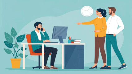 Colleagues collaborate in an office setting, discussing tasks while one person talks on the phone at their desk.