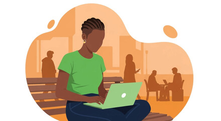 A young African-American woman sits cross-legged on a park bench, working on her laptop in a public space, exhibiting a modern, tech-savvy lifestyle.