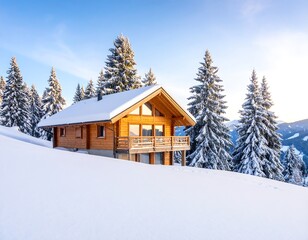 Snowy chalet nestled in a mountainside