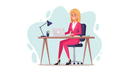 A confident and smiling blonde businesswoman in a vibrant pink suit efficiently works on her laptop at a modern desk, embodying productivity and success.