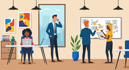 Business professionals are actively collaborating and working on various tasks in a modern, open-plan office setting, presented as a vibrant flat design.