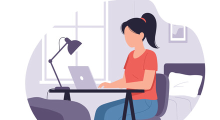 A modern illustration depicting a young woman focused on her laptop at a home desk, symbolizing remote work, online learning, and digital lifestyle.