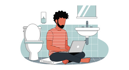 A relaxed individual is comfortably working on their laptop while sitting on the floor of a modern bathroom, illustrating the flexibility of remote work.